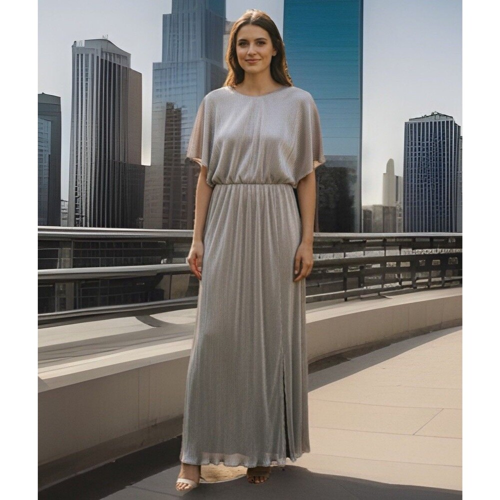 Celadon Pleated Maxi Long Dress Bridesmaid Gold Silver Shimmer Party Size Large